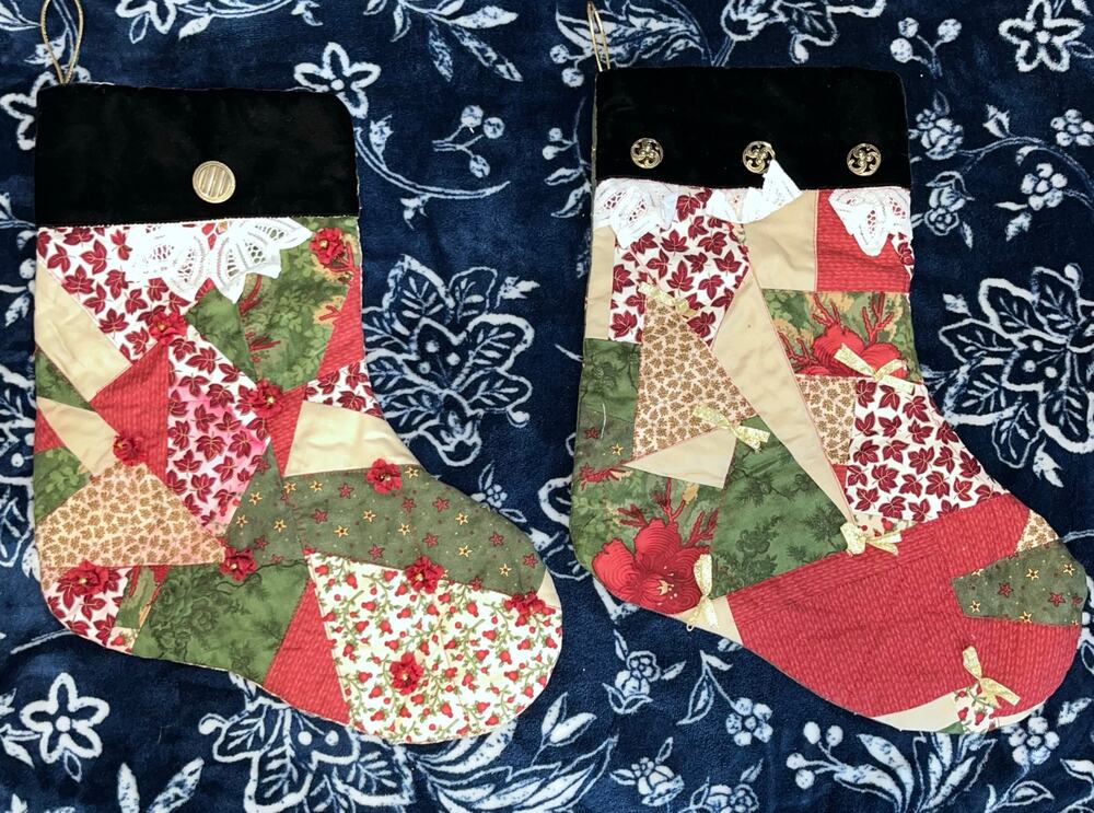 Set of 2 Vintage Handmade Quilted Christmas Stocking